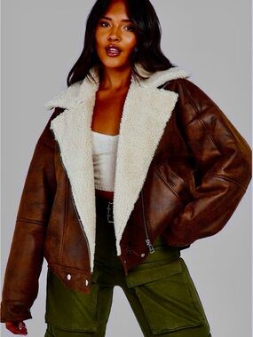 Boohoo Vintage Wash Dark Tan Faux Leather Aviator Jacket Women’s Sz 14 NWT